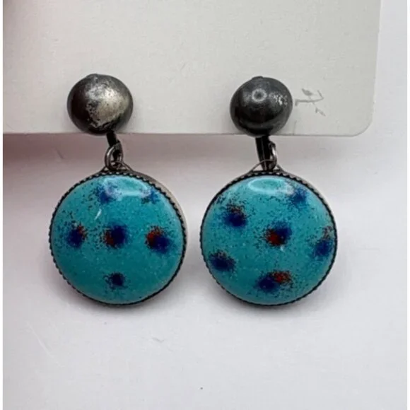 Faux Turquoise Polka Dot Enamel Earrings Silver Tone Clip On Retro Boho - Picture 6 of 6